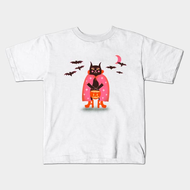 Cute black halloween cat with bats illustration Kids T-Shirt by WeirdyTales